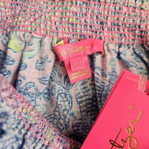 Lilly Pulitzer Linen Top Womens Large Leanne Off the Shoulder Lilac Rose We Merm - Picture 6 of 7